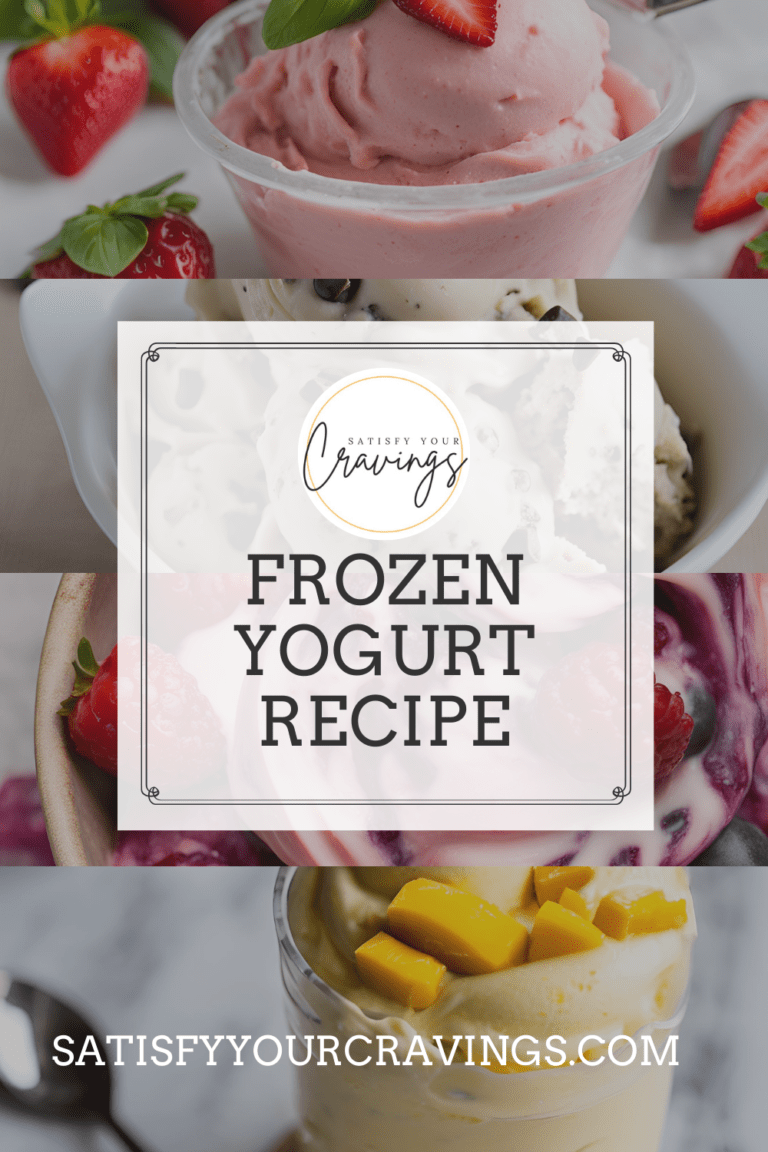 Promotional image for a berry swirl frozen yogurt recipe, featuring multiple layers of flavored yogurts garnished with fresh fruits, under the brand logo 'Satisfy Your Cravings.'