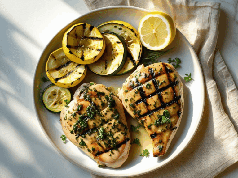 Overhead view of two grilled chicken breasts with zucchini and yellow squash slices and a lemon half.