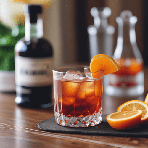 An Old Fashioned cocktail garnished with an orange slice, served in a crystal glass with bottles and sliced oranges in the background.