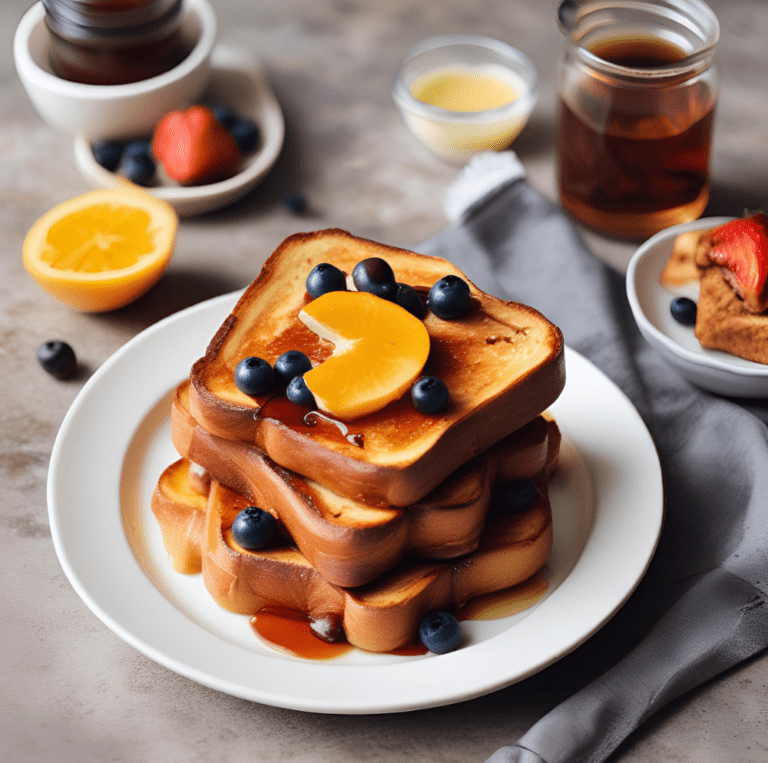 A stack of golden brown Classic French Toast topped with fresh blueberries and peach slices, drizzled with maple syrup, and served with a jar of honey, a glass of tea, and a lemon half.