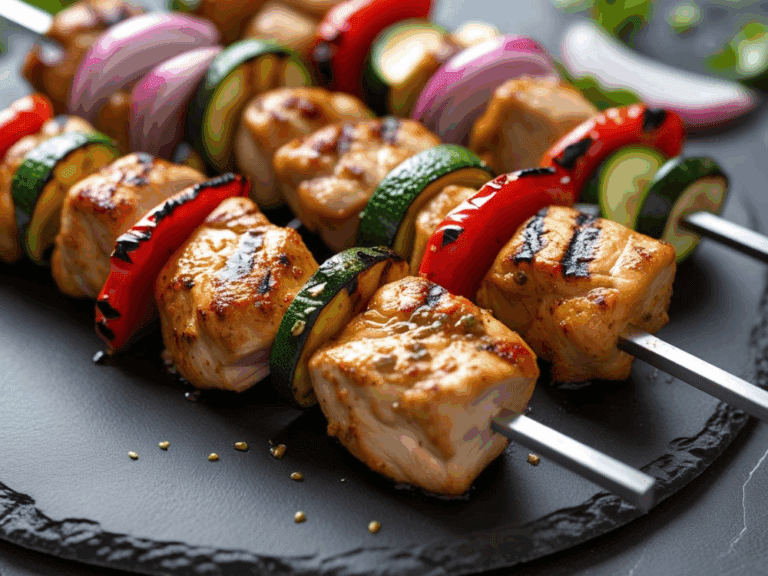 close-up of grilled chicken kabobs with grill marks served on a black slate plate