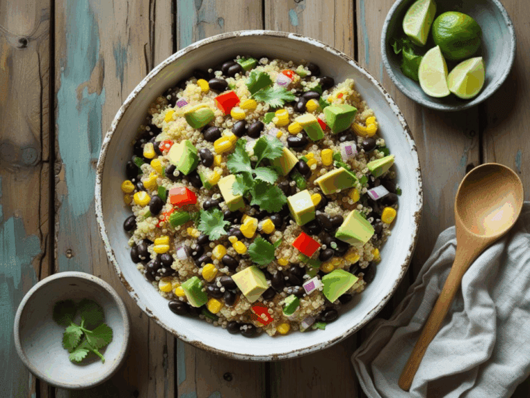 Overhead view of a white rustic bowl filled with quinoa, black beans, avocado cubes, corn, red bell pepper, red onion, and cilantro, styled on a distressed wooden table with limes and a wooden spoon.