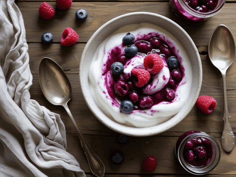 Bowl of berry swirl yogurt topped with raspberries and blueberries, surrounded by vintage spoons and a rustic napkin on a wooden table.