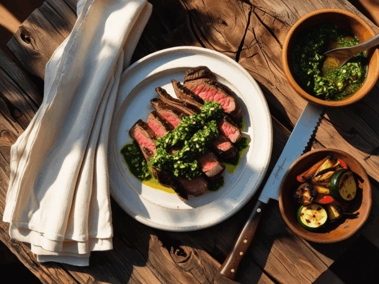 Overhead view of grilled steak with chimichurri on a rustic table, served with roasted vegetables