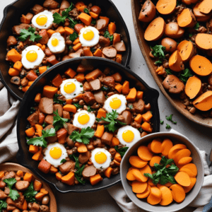 Three cast-iron skillets filled with Breakfast Skillet featuring sweet potatoes, sausage, and sunny-side-up eggs, garnished with fresh parsley. A hearty and nutritious breakfast recipe perfect for busy mornings or weekend brunches. Discover this delicious one-pan meal on 'Satisfy Your Cravings' food blog.