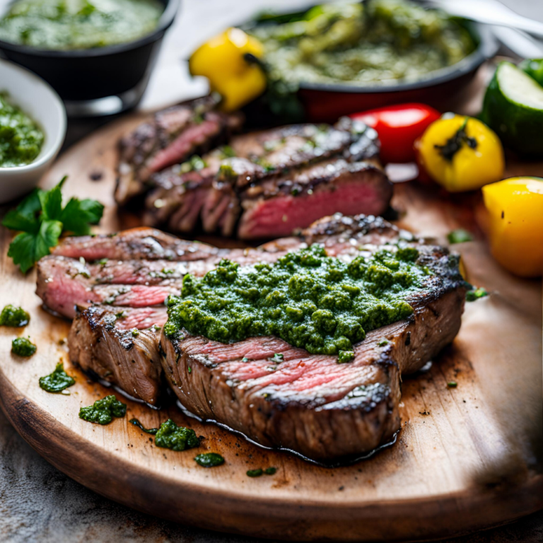 A close-up of a grilled steak covered in vibrant green chimichurri sauce on a wooden cutting board, surrounded by colorful vegetables like yellow bell peppers, red onions, and fresh tomatoes.