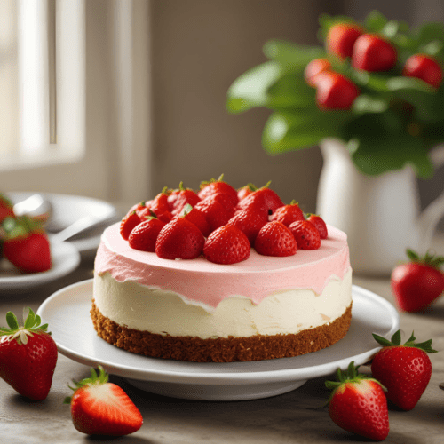 A whole strawberry cheesecake topped with fresh strawberries on a white cake stand, surrounded by more fresh strawberries.