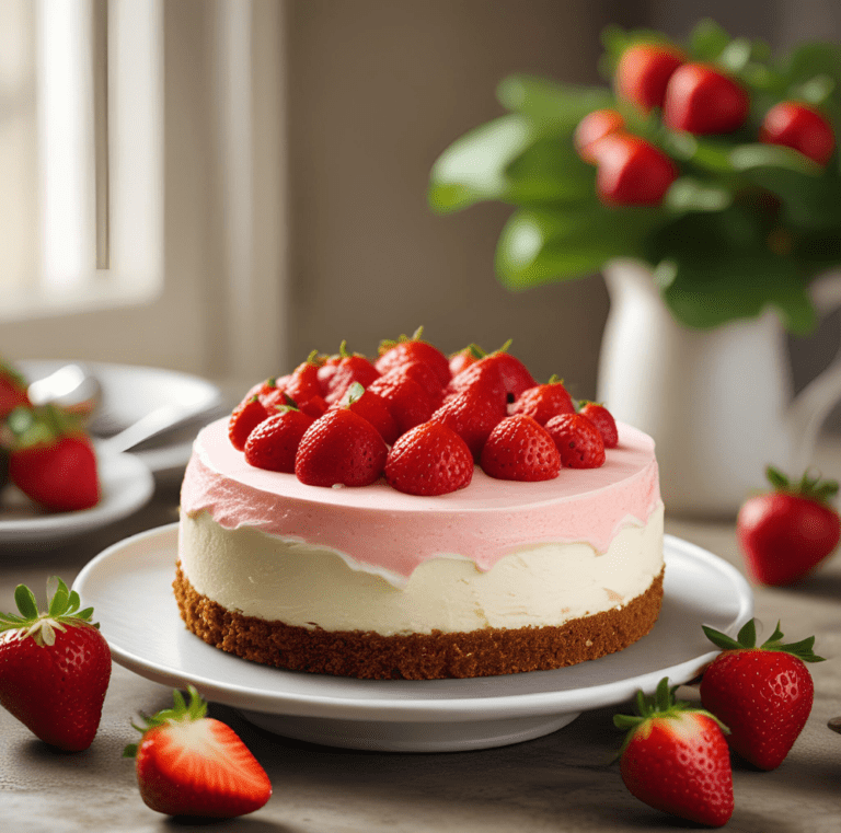 A whole strawberry cheesecake topped with fresh strawberries on a white cake stand, surrounded by more fresh strawberries.