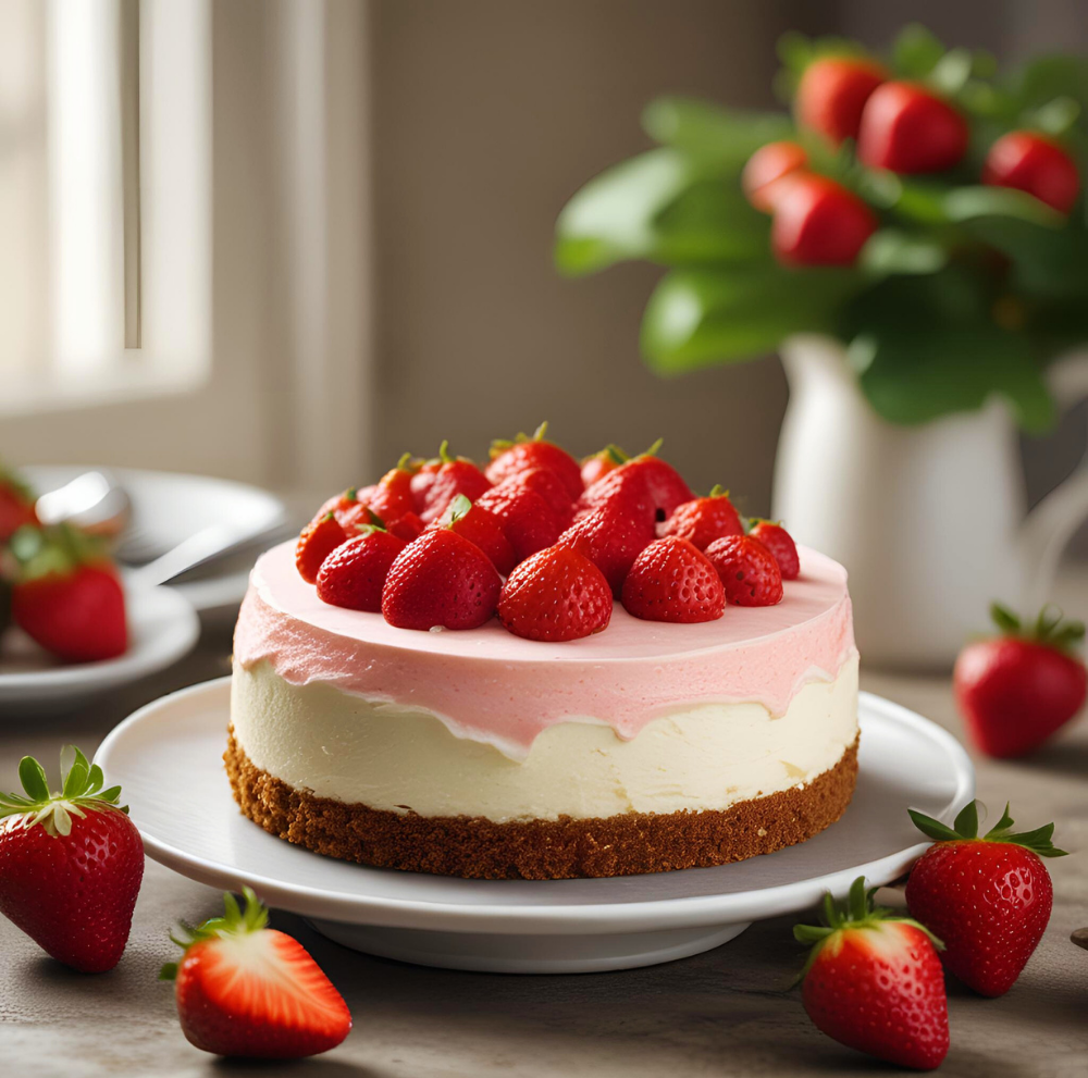 A whole strawberry cheesecake topped with fresh strawberries on a white cake stand, surrounded by more fresh strawberries.