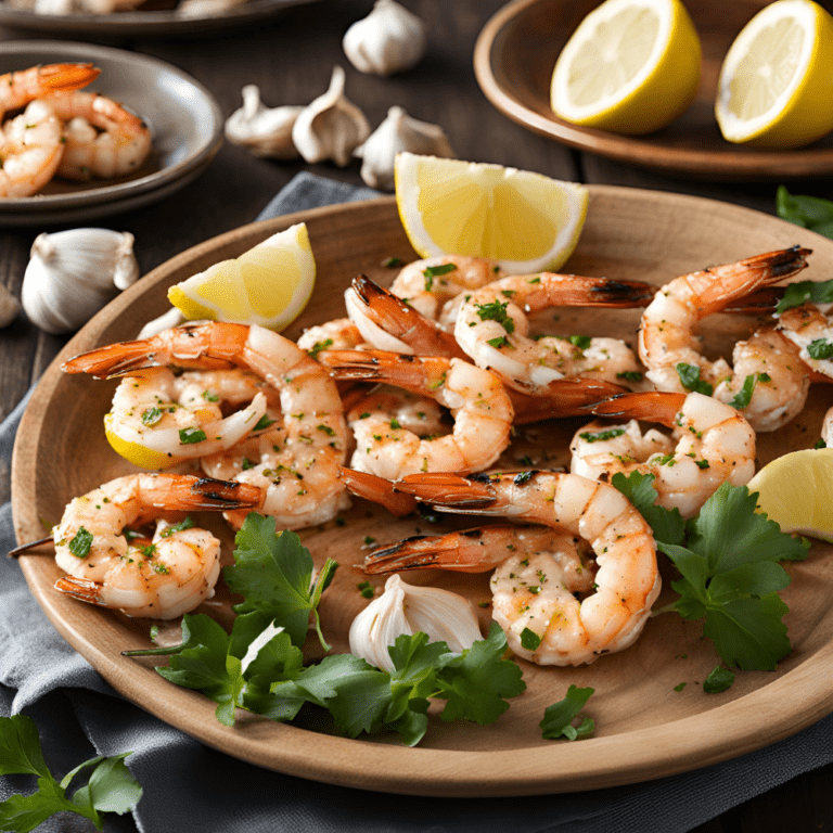 Delicious grilled shrimp with garlic and lemon, garnished with fresh parsley and lemon wedges on a wooden platter. This healthy and flavorful seafood dish is perfect for summer barbecues and quick dinners. Discover the full recipe and more at Satisfy Your Cravings. #GrilledShrimp #HealthyRecipes #SeafoodDelights #SatisfyYourCravings