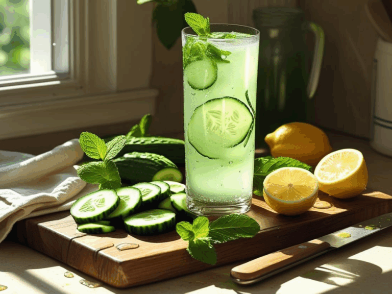 Tall glass of cucumber lemonade on a kitchen counter with lemons, mint, and cucumber slices