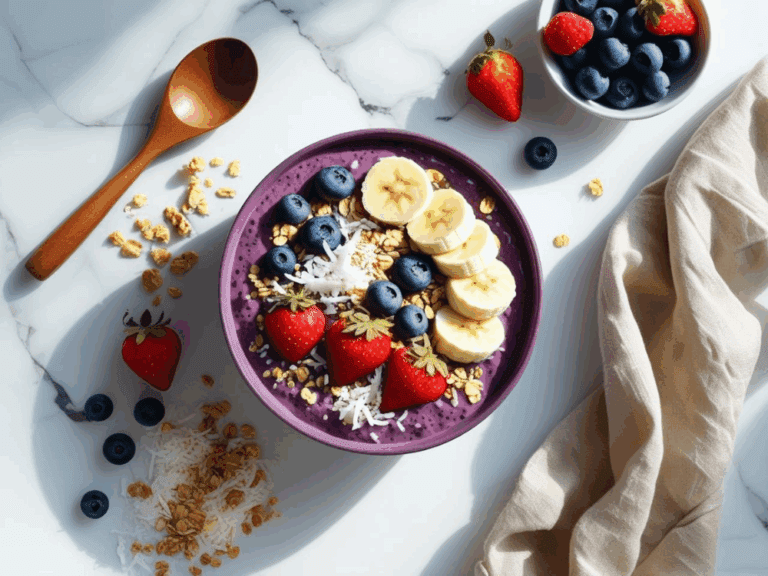 Overhead view of an acai bowl with bananas, strawberries, blueberries, coconut, and granola