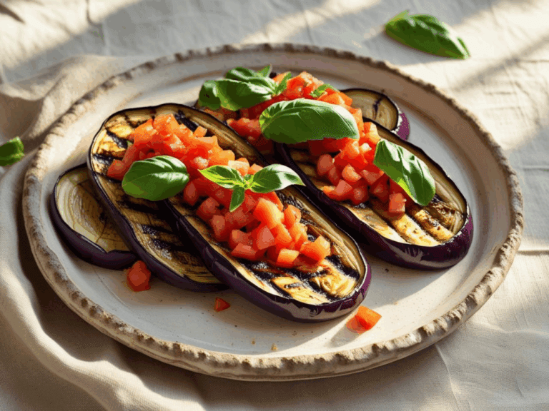 Side angle of halved grilled eggplant slices topped with chopped tomatoes and basil leaves on a ceramic plate with soft sunlight.