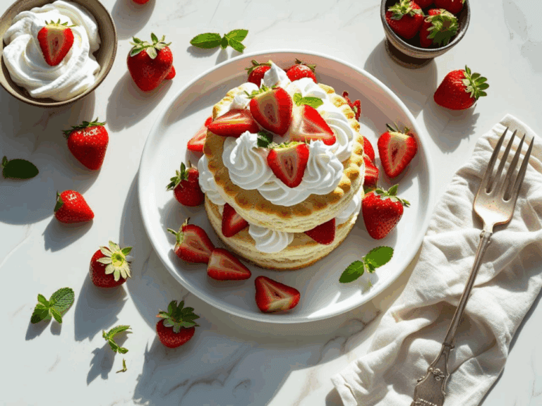 Overhead view of a strawberry shortcake surrounded by strawberries, mint, whipped cream, and a vintage fork.