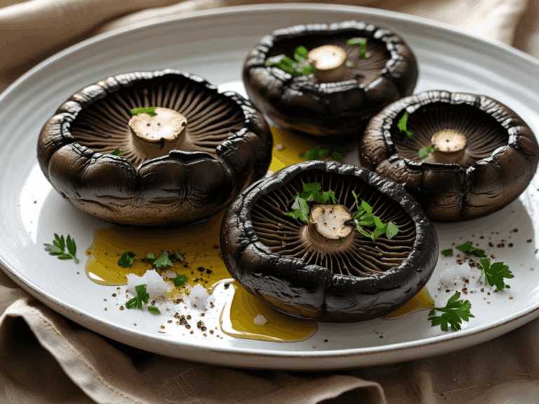 Four grilled portobello mushrooms on a white plate with olive oil, coarse salt, cracked pepper, and parsley
