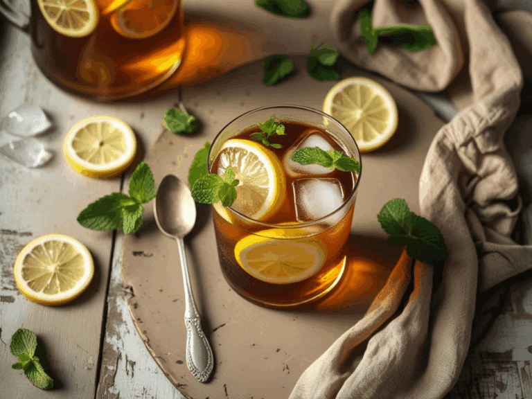 Glass of iced tea with lemon and mint surrounded by lemon slices, a spoon, and a beige cloth on a rustic table