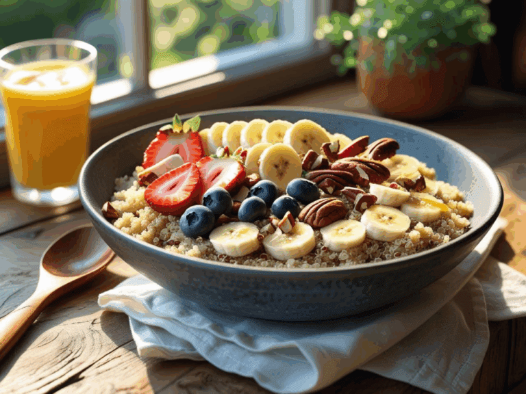 Quinoa breakfast bowl with fruit and nuts near a sunlit window and a glass of orange juice