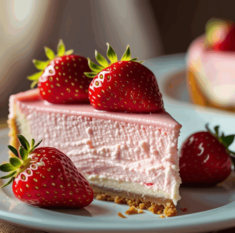 Strawberry cheesecake slice topped with fresh whole strawberries.