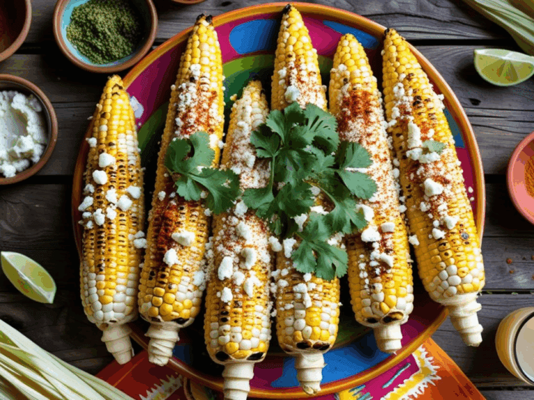 Six grilled elotes topped with chili, cheese, and cilantro, served on a colorful Mexican plate