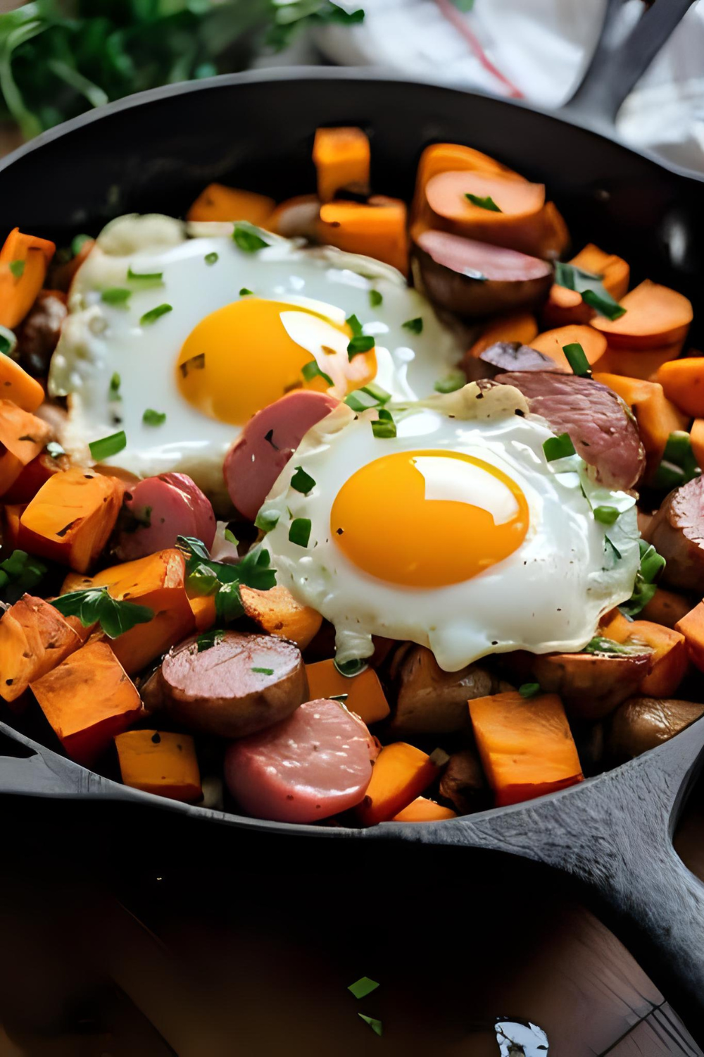 Close-up of breakfast skillet with sausage, sweet potatoes, and sunny eggs