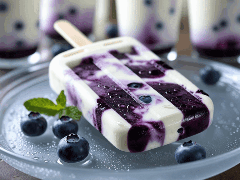 Blueberry yogurt popsicle with dark purple swirls on a glass plate surrounded by blueberries and mint