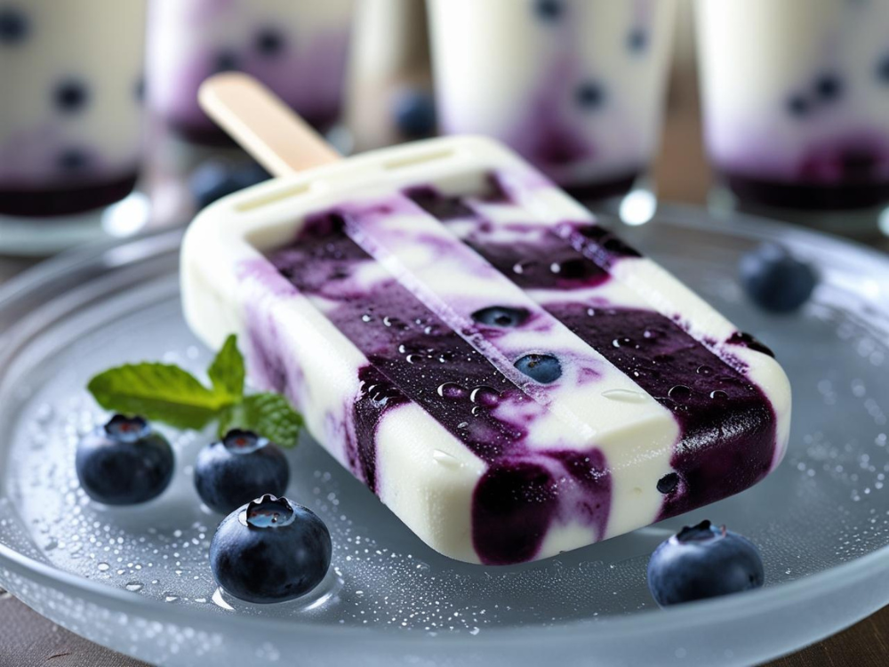 Blueberry yogurt popsicle with dark purple swirls on a glass plate surrounded by blueberries and mint