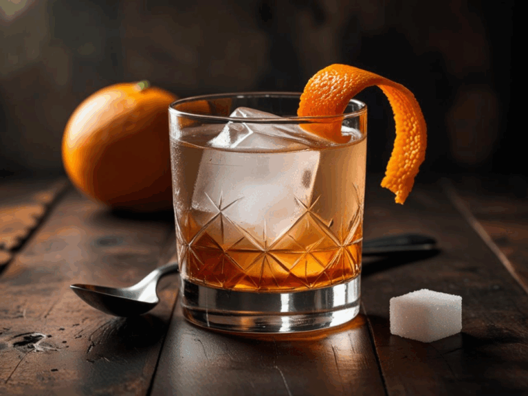 Old Fashioned cocktail in a crystal glass with orange peel garnish, sugar cube, and spoon on a rustic wooden table.