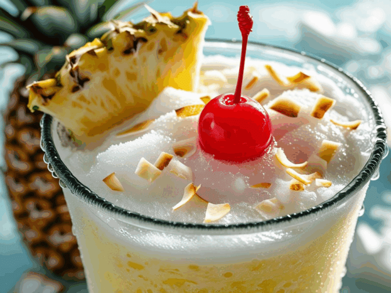 Overhead view of frozen Piña Colada with cherry and pineapple slice