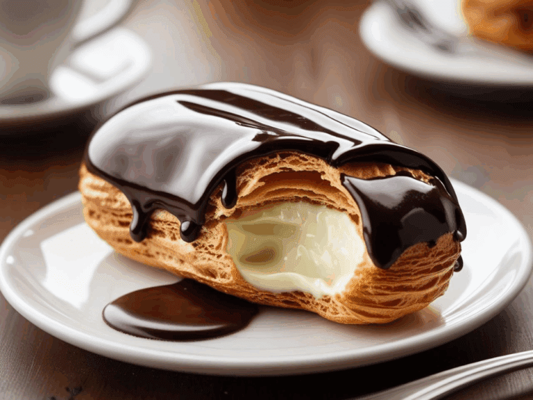 Bitten chocolate éclair on white plate with dripping ganache