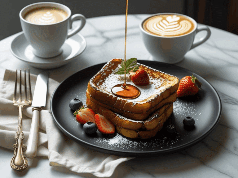 A café-style plate of French toast on a black dish with powdered sugar, fresh berries, and a maple drizzle