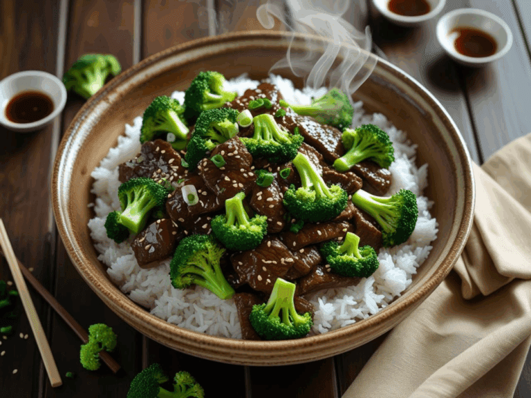 Overhead view of a large serving bowl of beef and broccoli stir fry with steam rising