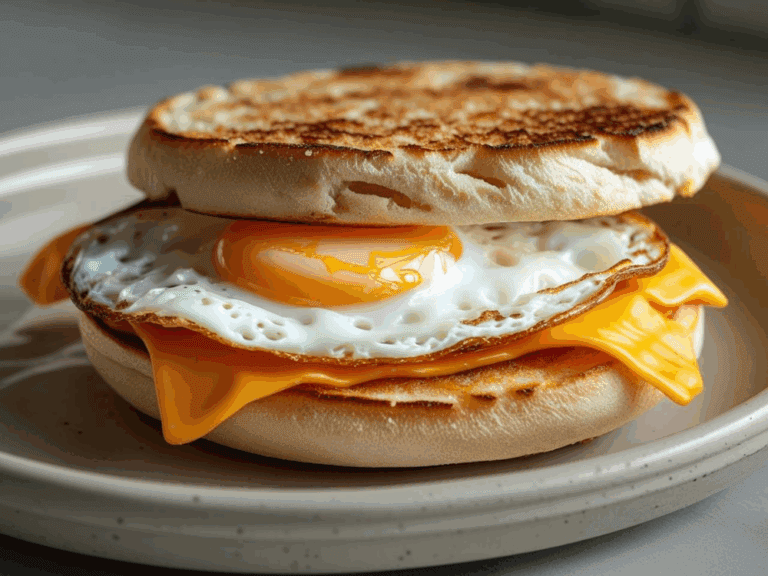 Close-up of an egg and cheese sandwich on an English muffin with a runny yolk