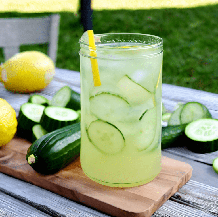 Glass of cucumber lemonade with a yellow straw, surrounded by fresh cucumbers and lemons.