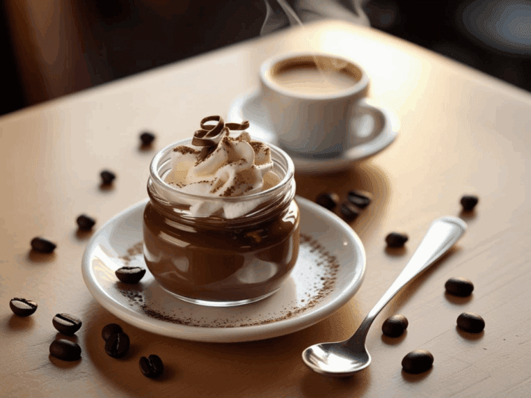 Glass jar of espresso chocolate pudding topped with whipped cream and chocolate curls, served with a steaming coffee on a wooden table.