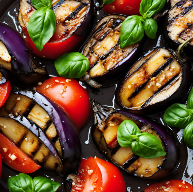 Close-up of grilled eggplant and tomato slices garnished with fresh basil and sesame seeds on a dark slate background.