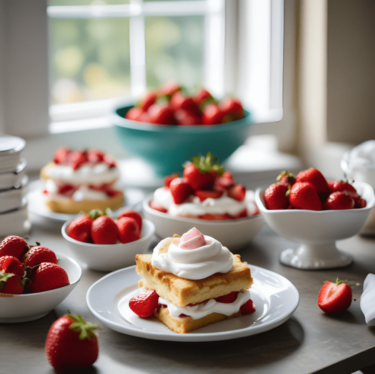 A table filled with plates and bowls of Strawberry Shortcake, featuring layers of shortcake, fresh strawberries, and whipped cream, set in a bright kitchen by a window.