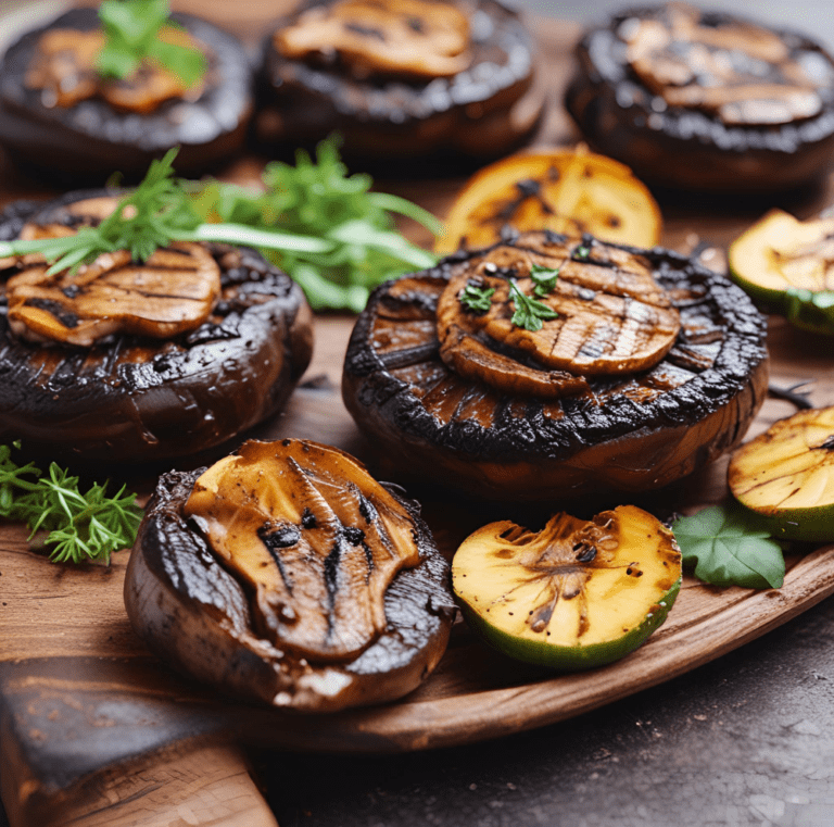 Grilled Portobello mushrooms garnished with fresh herbs, served with grilled fruits on a wooden board.