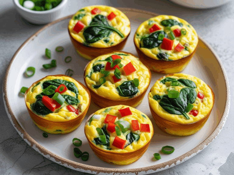 Six egg muffins topped with spinach and red peppers, styled on a white plate with green onion garnish.