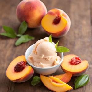 Peach sorbet in a white bowl surrounded by fresh peach slices and whole peaches on a wooden surface.