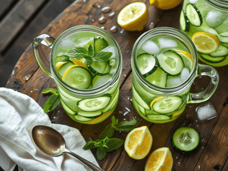 Mason jars and a pitcher of cucumber lemonade filled with ice, cucumbers, lemon slices, and mint on a rustic wooden table