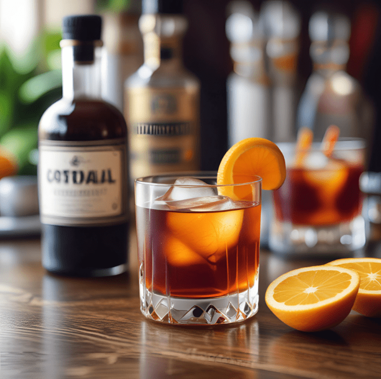 A Classic Old Fashioned cocktail garnished with an orange slice, served in a crystal glass with bottles and another cocktail in the background.