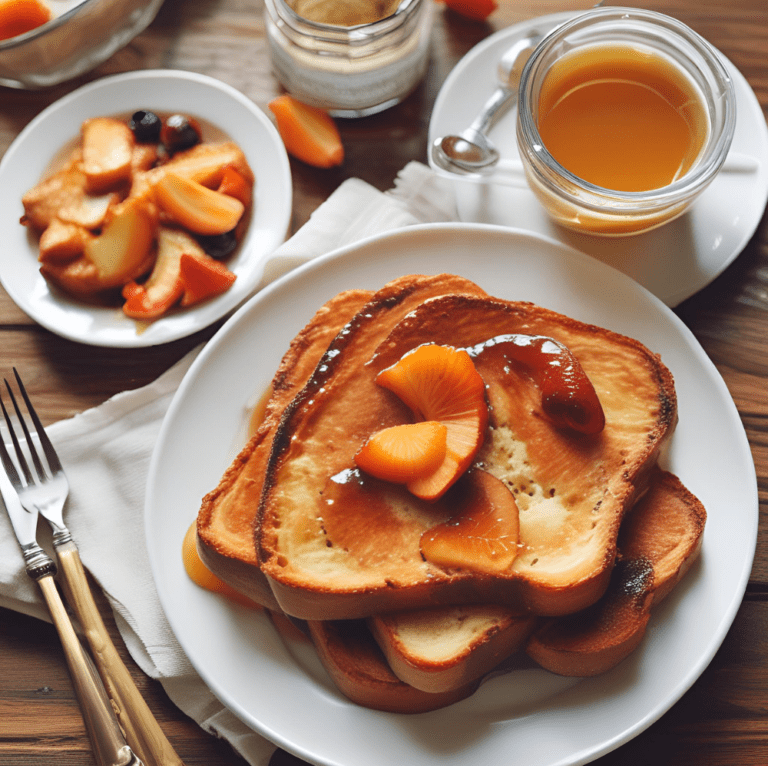 A plate of golden brown Classic French Toast topped with peach slices and drizzled with maple syrup, served with a glass of juice and a small dish of mixed fruits.