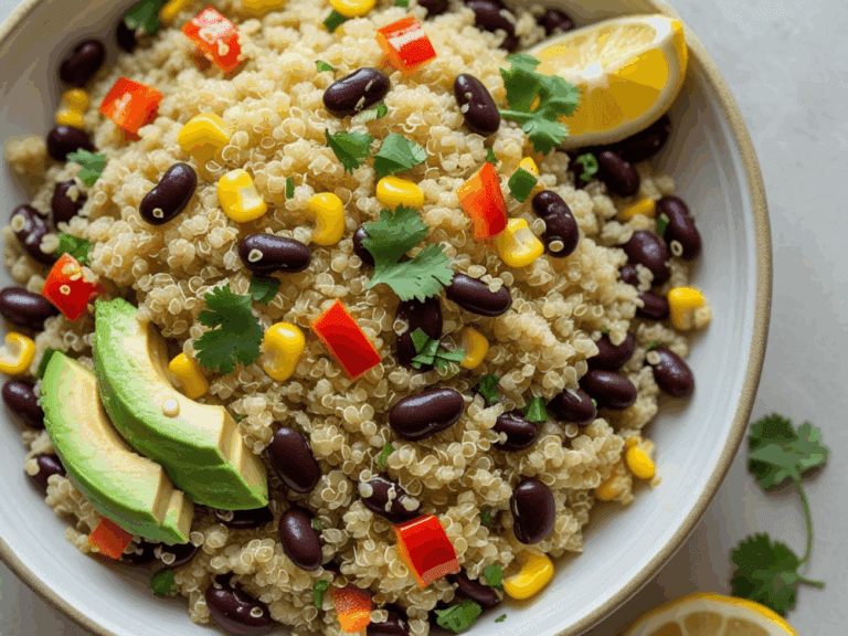 Close-up overhead view of quinoa salad with black beans, corn, red bell pepper, avocado slices, and cilantro, served in a white bowl with a lemon wedge.