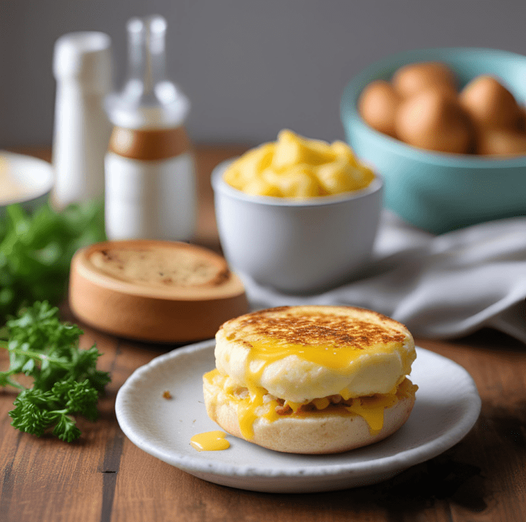 Egg and Cheese Breakfast Sandwich with melted cheese oozing out, served on a white plate.