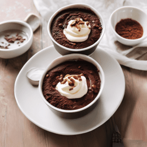 Two bowls of rich espresso chocolate pudding topped with a dollop of whipped cream and chocolate shavings, set on a white plate. This decadent dessert is a perfect blend of bold espresso and smooth chocolate, ideal for satisfying your sweet cravings. Find the full recipe and more delicious dessert ideas on our blog, "Satisfy Your Cravings." #EspressoChocolatePudding #DessertRecipes #FoodBlog #SatisfyYourCravings