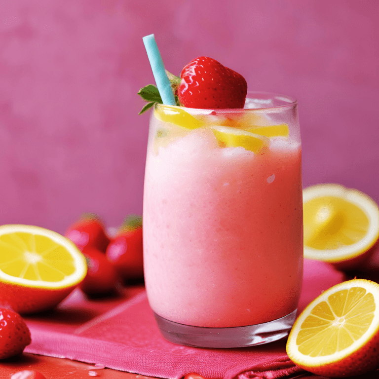 A refreshing glass of Strawberry Lemonade Slushie, garnished with a fresh strawberry and lemon slices, set against a vibrant pink background. The perfect summer drink to cool off, combining the sweetness of strawberries with the tanginess of lemons. For the full recipe and more delicious summer beverages, visit Satisfy Your Cravings. #SummerDrinks #StrawberryLemonade #SatisfyYourCravings