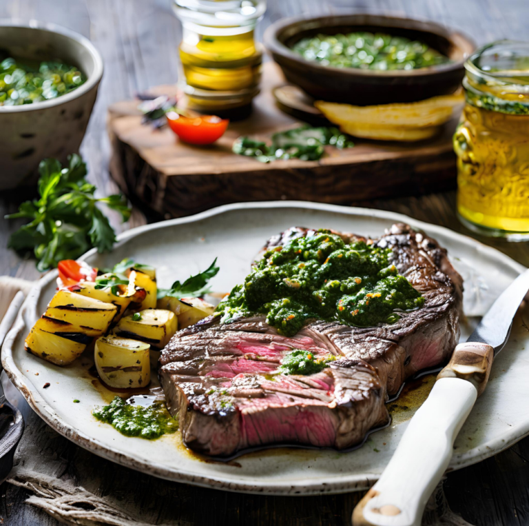 A beautifully plated grilled steak topped with fresh chimichurri sauce, accompanied by grilled potato slices, presented on a rustic ceramic plate with additional bowls of chimichurri and olive oil in the background.