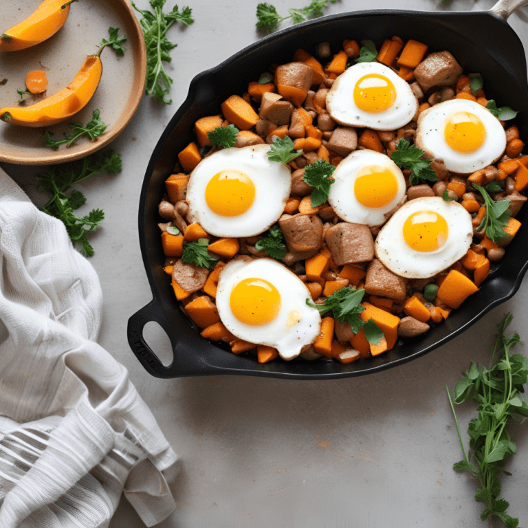 A hearty Breakfast Skillet with Sweet Potatoes, Sausage, and sunny-side-up eggs garnished with fresh parsley, served in a cast-iron skillet. Perfect for busy mornings or weekend brunches, this nutritious and flavorful one-pan meal is featured on 'Satisfy Your Cravings' food blog.