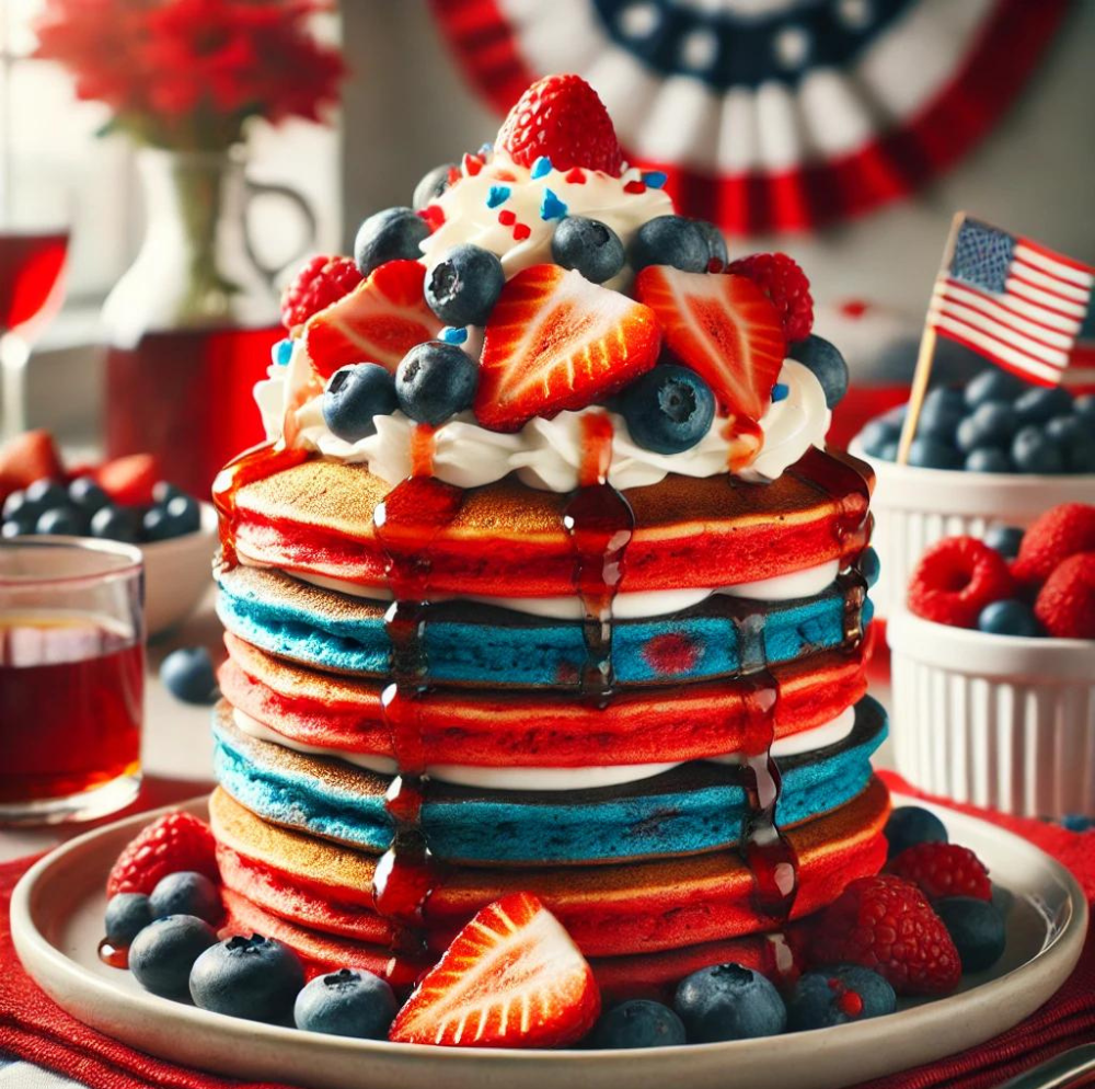 A close-up of a stack of red, white, and blue pancakes with whipped cream, fresh berries, and a small American flag.