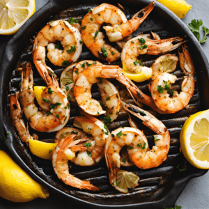 Grilled shrimp with garlic and lemon on a sizzling grill pan, garnished with fresh parsley and lemon wedges. This easy and healthy grilled shrimp recipe is perfect for summer barbecues and dinner parties. Discover more delicious and nutritious recipes at Satisfy Your Cravings.